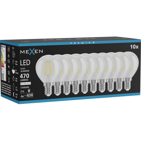 Mexen Vintis 10x LED крушка филaмент E14, G45, 4W, Неутрална - 4000K, 470 lm, прозрачна -