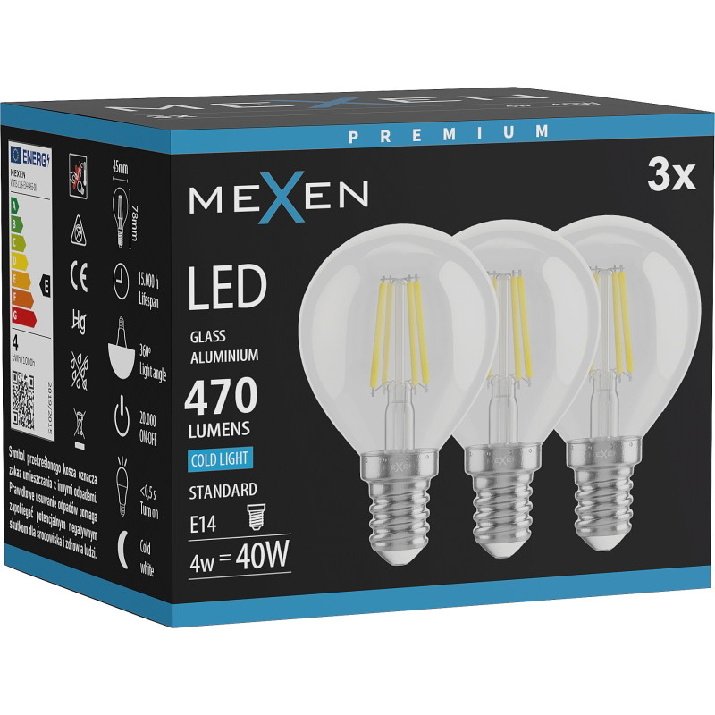 Mexen Vintis 3x LED филамент крушка E14, G45, 4W, Студена - 6500K, 470 lm, чиста - L156-E14-0465-00x03