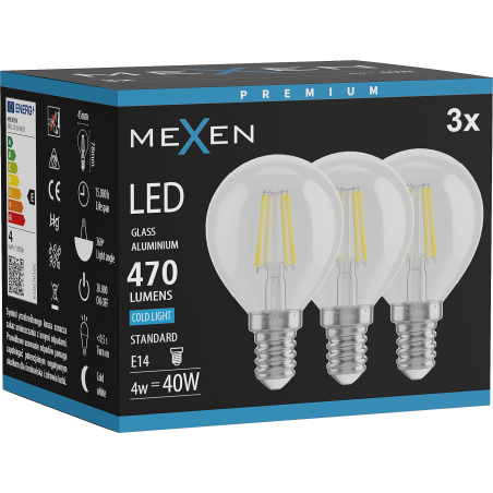 Mexen Vintis 3x LED филамент крушка E14, G45, 4W, Студена - 6500K, 470 lm, чиста - L156-E14-0465-00x03