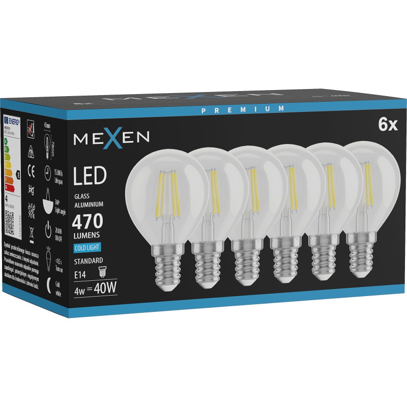 Mexen Vintis 6x LED филаментна крушка E14, G45, 4W, студена - 6500K, 470 lm, прозрачно