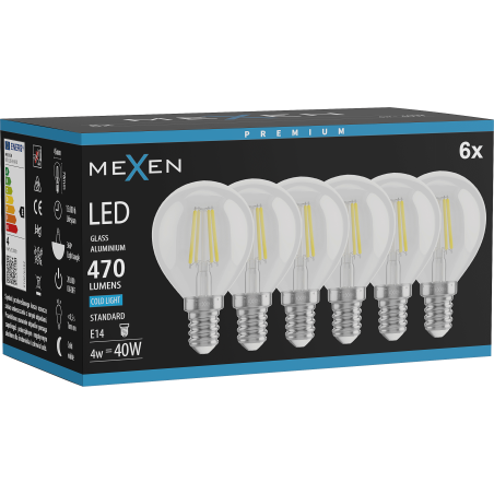 Mexen Vintis 6x LED филаментна крушка E14, G45, 4W, студена - 6500K, 470 lm, прозрачно