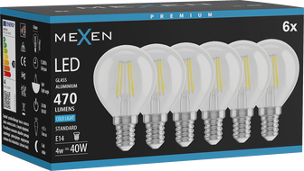 Mexen Vintis 6x LED филаментна крушка E14, G45, 4W, студена - 6500K, 470 lm, прозрачно
