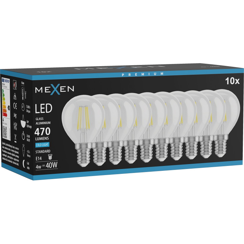 Mexen Vintis 10x LED филамент крушка E14, G45, 4W, Студена - 6500K, 470 lm, прозрачна