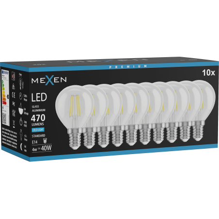 Mexen Vintis 10x LED филамент крушка E14, G45, 4W, Студена - 6500K, 470 lm, прозрачна