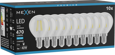 Mexen Vintis 10x LED филамент крушка E14, G45, 4W, Студена - 6500K, 470 lm, прозрачна