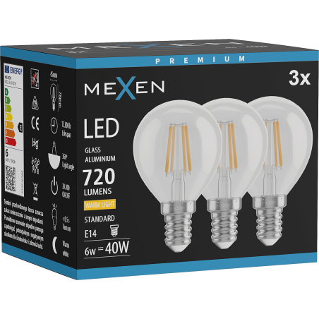 Mexen Vintis 3x LED крушка с нажежаема нишка E14, G45, 6W, Топла - 2700K, 720 lm, прозрачна
