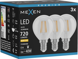 Mexen Vintis 3x LED крушка с нажежаема нишка E14, G45, 6W, Топла - 2700K, 720 lm, прозрачна