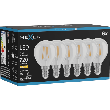 Mexen Vintis 6x светодиодна филаментна крушка E14, G45, 6W, Топла - 2700K, 720 lm,