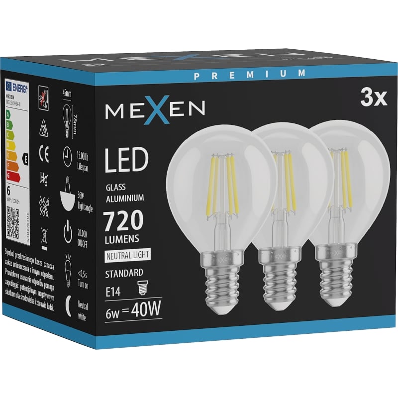 Mexen Vintis 3x LED филаментна крушка E14, G45, 6W, Неутрална - 4000K, 720 lm, прозрачна