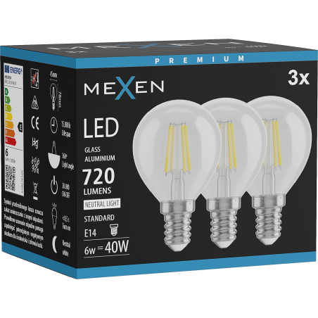 Mexen Vintis 3x LED филаментна крушка E14, G45, 6W, Неутрална - 4000K, 720 lm, прозрачна