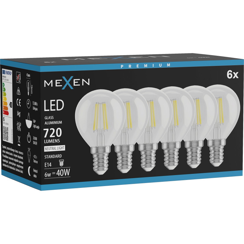 Mexen Vintis 6x LED крушка на нажежаема жичка E14, G45, 6W, неутрална - 4000K, 720 lm,