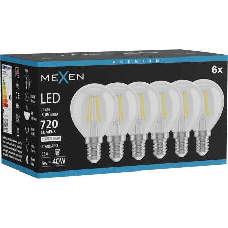Mexen Vintis 6x LED крушка на нажежаема жичка E14, G45, 6W, неутрална - 4000K, 720 lm,