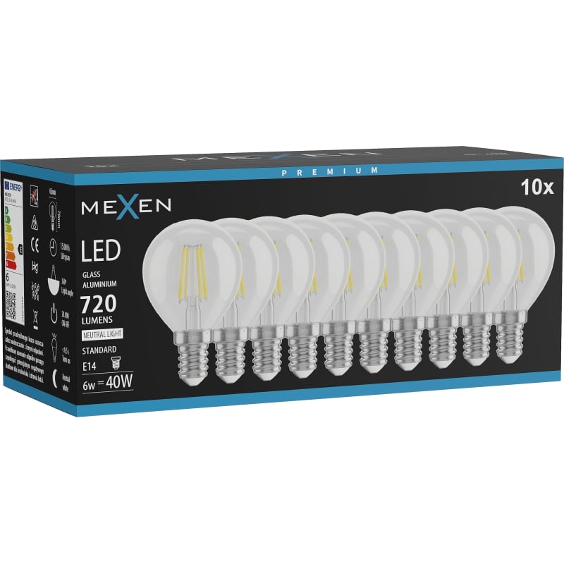 Mexen Vintis 10x LED филамент крушка E14, G45, 6W, Неутрална - 4000K, 720 lm, прозрачно