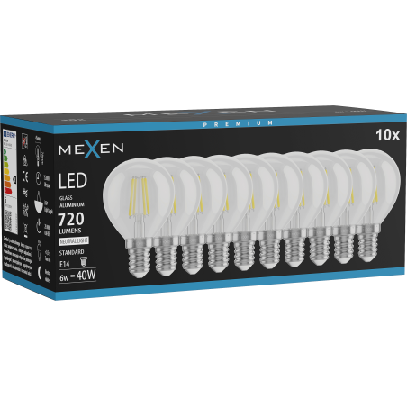Mexen Vintis 10x LED филамент крушка E14, G45, 6W, Неутрална - 4000K, 720 lm, прозрачно