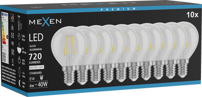 Mexen Vintis 10x LED филамент крушка E14, G45, 6W, Неутрална - 4000K, 720 lm, прозрачно