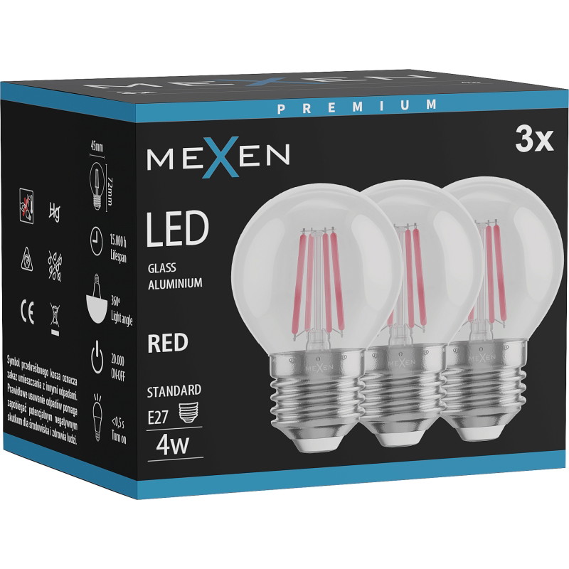 Mexen Vintis 3x LED филамент крушка E27, G45, 4W, 55 lm, червен - L156-E27-04XX-45x03