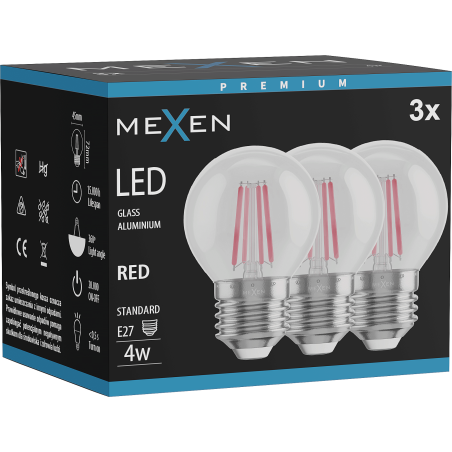 Mexen Vintis 3x LED филамент крушка E27, G45, 4W, 55 lm, червен - L156-E27-04XX-45x03