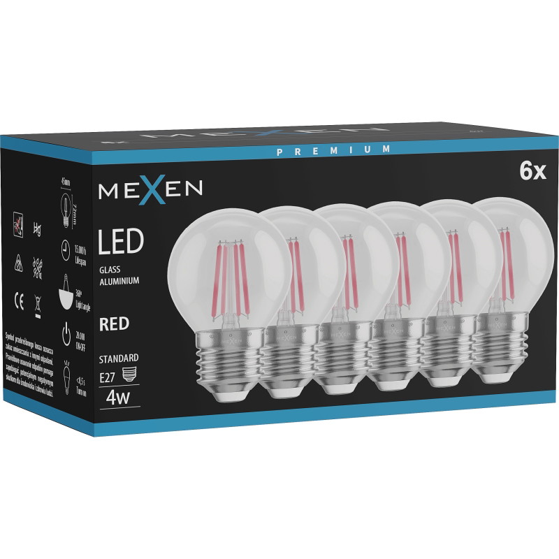 Mexen Vintis 6x LED филаментна крушка E27, G45, 4W, 55 lm, червена - L156-E27-04XX-45x06
