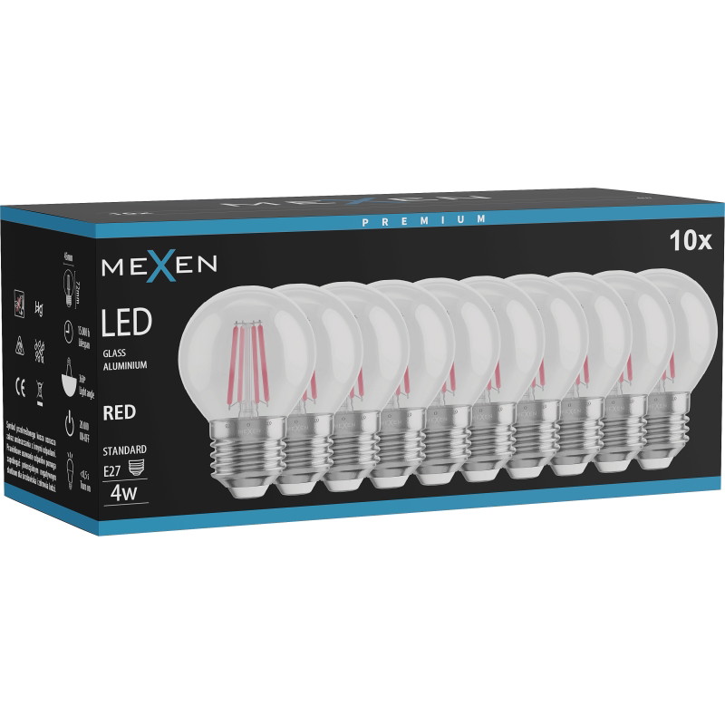 Mexen Vintis 10x LED крушка с нажежаема жичка E27, G45, 4W, 55 lm, червена - L156-E27-04XX-45x10