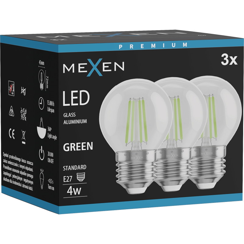 Mexen Vintis 3x LED нажежаема крушка E27, G45, 4W, 55 lm, зелена - L156-E27-04XX-46x03