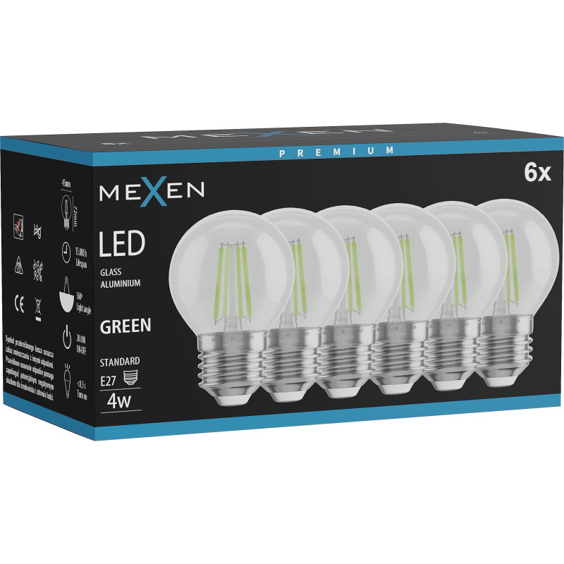 Mexen Vintis 6x LED филаментна крушка E27, G45, 4W, 55 lm, зелена - L156-E27-04XX-46x06