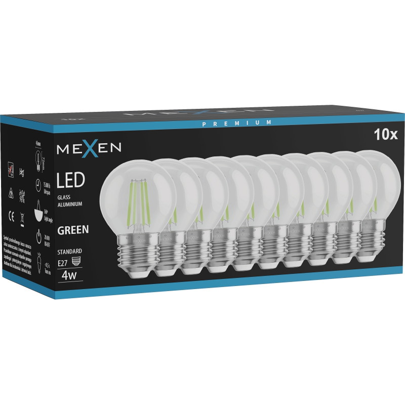 Mexen Vintis 10x LED филамент крушка E27, G45, 4W, 55 lm, зелена - L156-E27-04XX-46x10