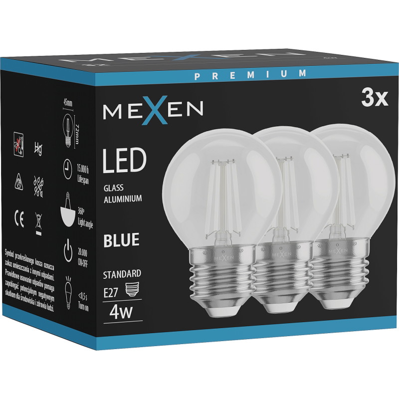 Mexen Vintis 3x LED филамент крушка E27, G45, 4W, 55 lm, синя - L156-E27-04XX-47x03