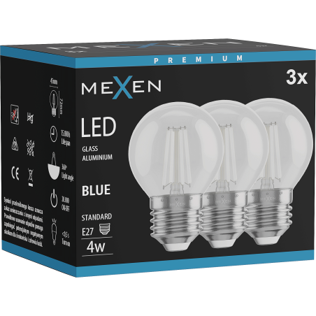 Mexen Vintis 3x LED филамент крушка E27, G45, 4W, 55 lm, синя - L156-E27-04XX-47x03