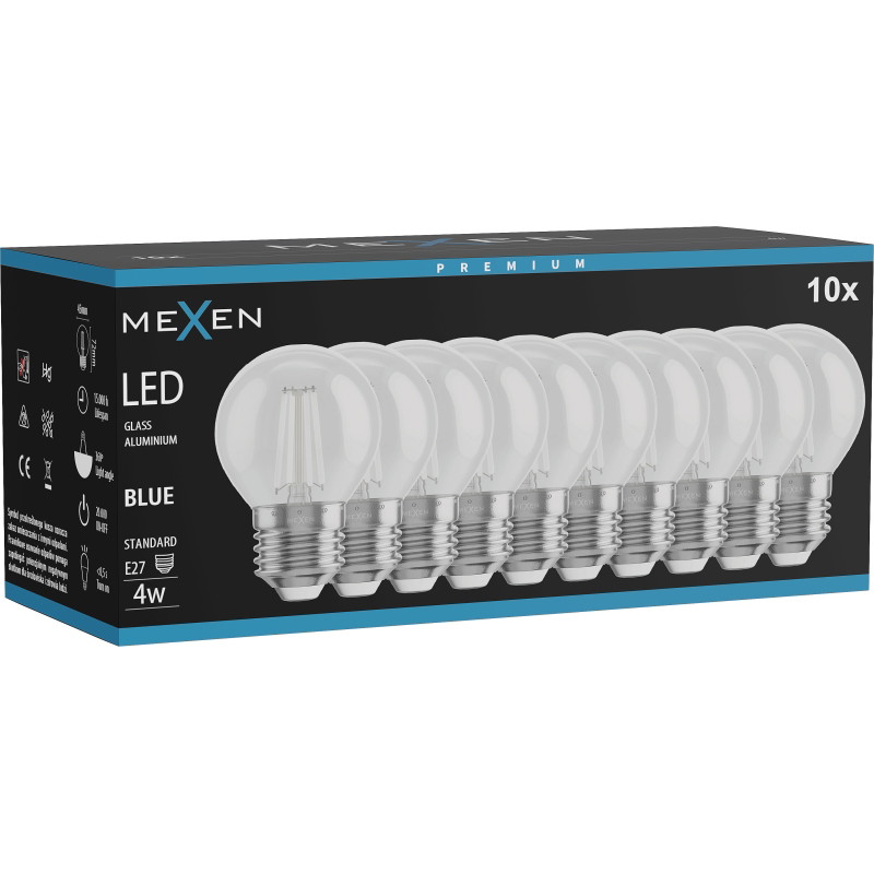 Mexen Vintis 10x LED филaментна крушка E27, G45, 4W, 55 lm, синя - L156-E27-04XX-47x10