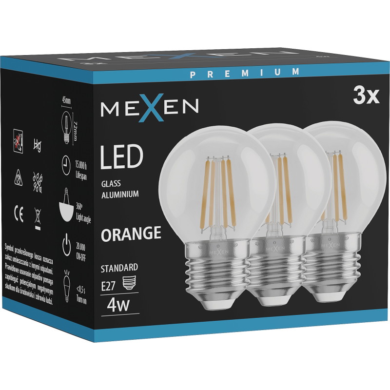 Mexen Vintis 3x крушка с нажежаема жичка LED E27, G45, 4W, 55 lm, оранжево - L156-E27-04XX-48x03
