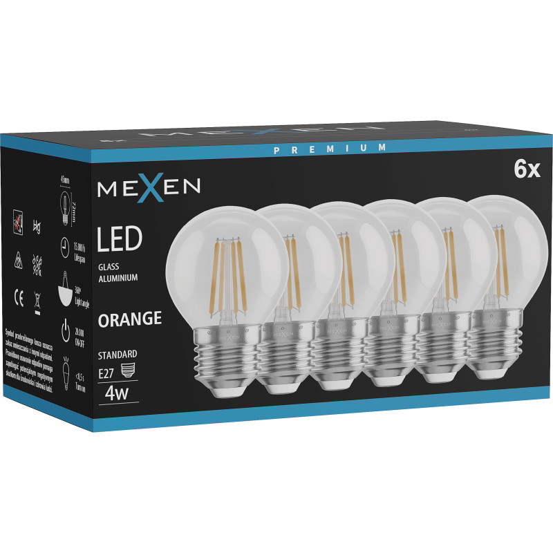 Mexen Vintis 6x LED филаментна крушка E27, G45, 4W, 55 lm, оранжево - L156-E27-04XX-48x06