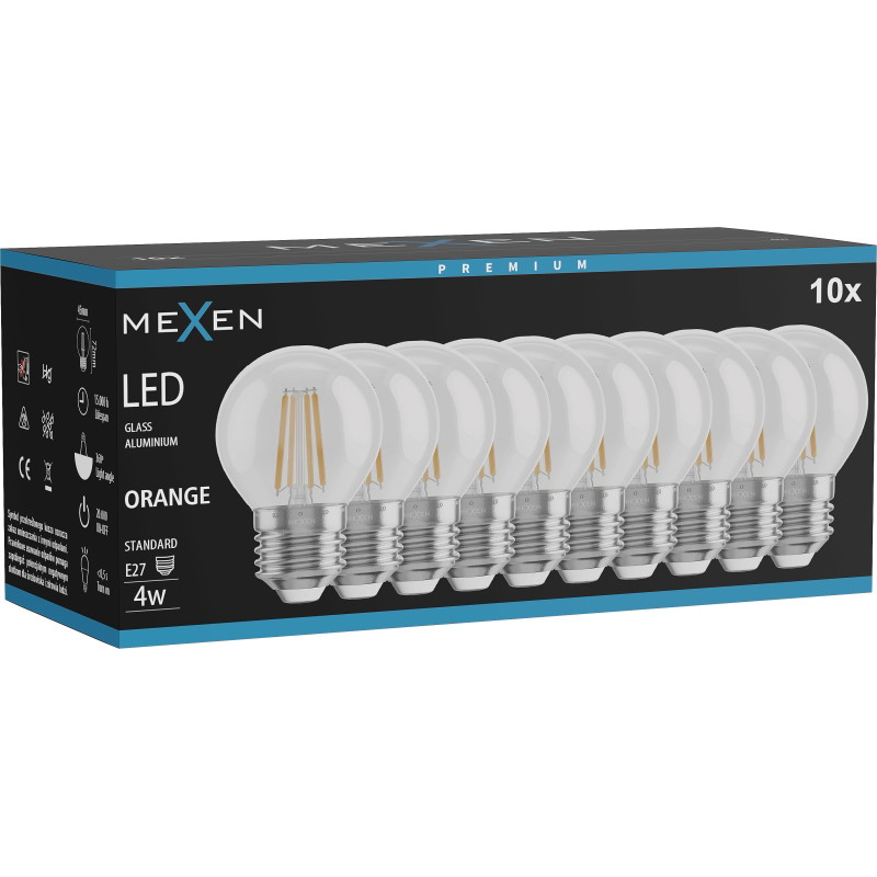 Mexen Vintis 10x LED филaментнa крушка E27, G45, 4W, 55 lm, оранжева - L156-E27-04XX-48x10