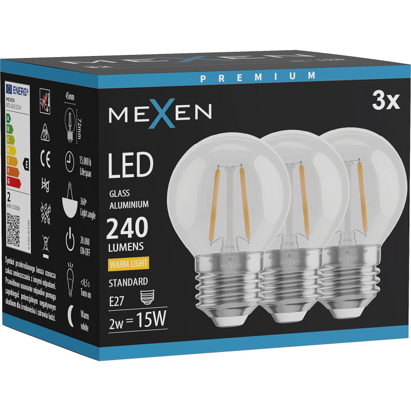 Mexen Vintis 3x LED филамент крушка E27, G45, 2W, Топла - 2700K, 240 lm, прозрачна