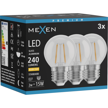 Mexen Vintis 3x LED филамент крушка E27, G45, 2W, Топла - 2700K, 240 lm, прозрачна