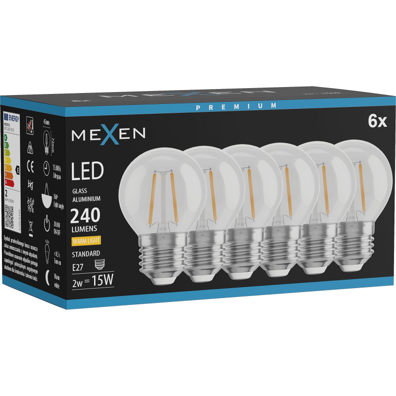 Mexen Vintis 6x LED нажежаема жичка E27, G45, 2W, Топла - 2700K, 240 lm, прозрачна