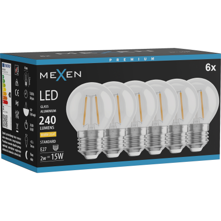 Mexen Vintis 6x LED нажежаема жичка E27, G45, 2W, Топла - 2700K, 240 lm, прозрачна