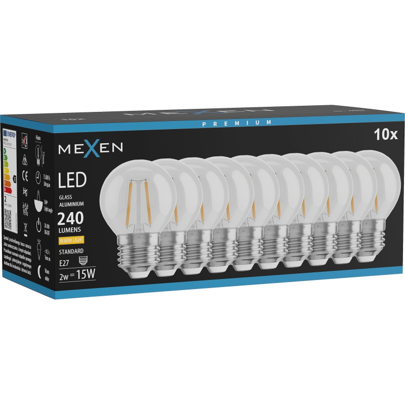 Mexen Vintis 10x LED филаментна крушка E27, G45, 2W, Топла - 2700K, 240 lm, прозрачна