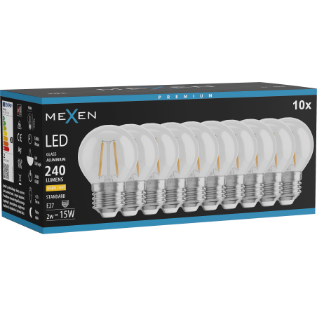 Mexen Vintis 10x LED филаментна крушка E27, G45, 2W, Топла - 2700K, 240 lm, прозрачна