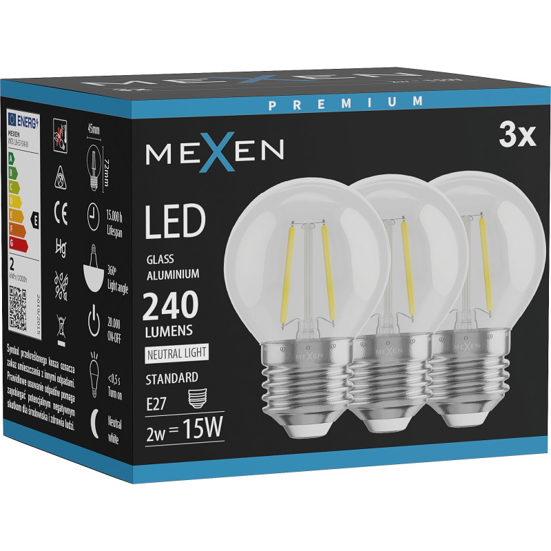 Mexen Vintis 3x LED филаментна крушка E27, G45, 2W, Неутрална - 4000K, 240 lm, прозрачна -