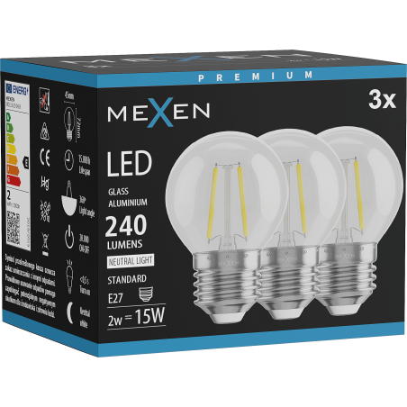 Mexen Vintis 3x LED филаментна крушка E27, G45, 2W, Неутрална - 4000K, 240 lm, прозрачна -