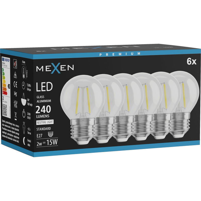Mexen Vintis 6x LED филамент крушка E27, G45, 2W, Неутрална - 4000K, 240 lm, прозрачна -
