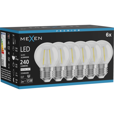 Mexen Vintis 6x LED филамент крушка E27, G45, 2W, Неутрална - 4000K, 240 lm, прозрачна -