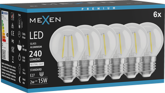 Mexen Vintis 6x LED филамент крушка E27, G45, 2W, Неутрална - 4000K, 240 lm, прозрачна -