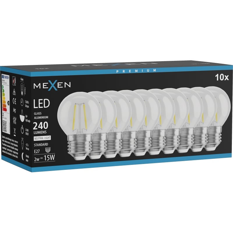 Mexen Vintis 10x LED крушка с нажежаема жичка E27, G45, 2W, неутрална - 4000K, 240 lm,