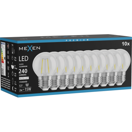 Mexen Vintis 10x LED нажежаема жичка-крушка E27, G45, 2W, неутрална - 4000K, 240 lm,