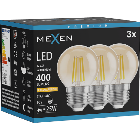 Mexen Vintis 3x LED крушка с нажежаема жичка E27, G45, 4W, Топла - 2200K, 400 lm, кехлибар