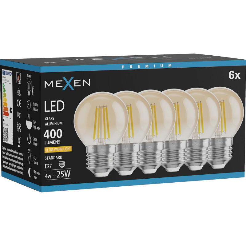 Mexen Vintis 6x LED крушка с нажежаема нишка E27, G45, 4W, Топло - 2200K, 400 lm, кехлибар