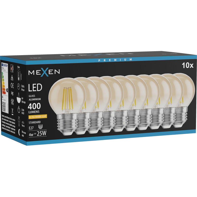 Mexen Vintis 10x LED лампа с нажежаем конец E27, G45, 4W, Топла - 2200K, 400 lm, кехлибар