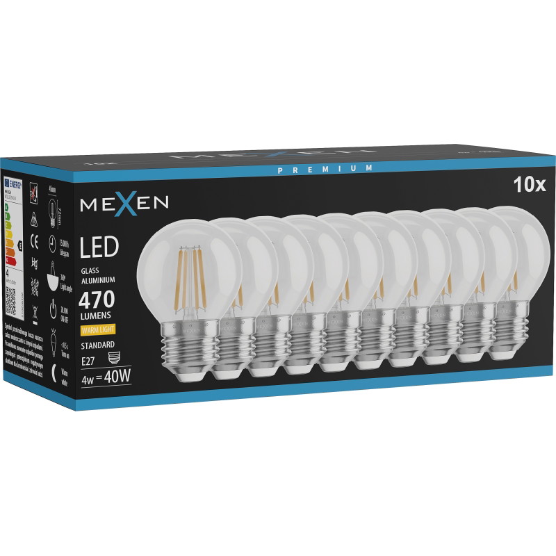Mexen Vintis 10x LED филамент крушка E27, G45, 4W, Топло - 2700K, 470 lm, прозрачно