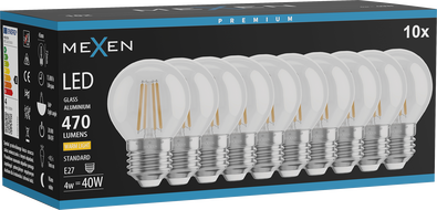 Mexen Vintis 10x LED филамент крушка E27, G45, 4W, Топло - 2700K, 470 lm, прозрачно